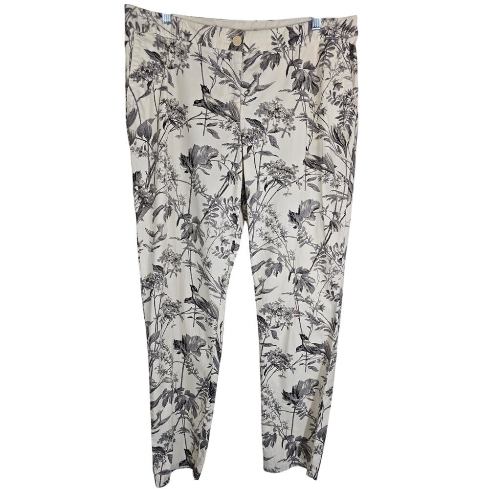Talbots The Weekender Novelty Birds Floral Leaf Cream Gray Women's Pants 12